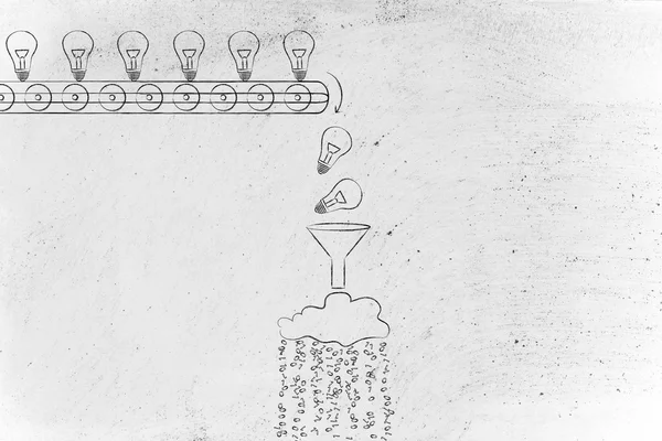 Máquina transformando conhecimento (lâmpadas) em dados — Fotografia de Stock