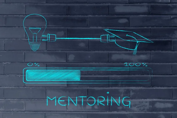 Avläggande av examen caps & glödlampa ansluten med plugg, mentorskap — Stockfoto