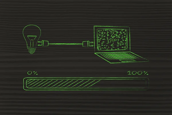 Bombilla conectada por enchufe a un ordenador portátil — Foto de Stock