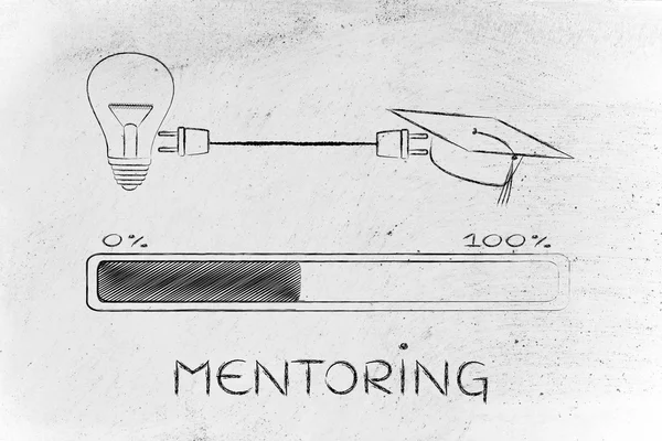 Afstuderen caps & gloeilamp verbonden door stekker, mentorschap — Stockfoto