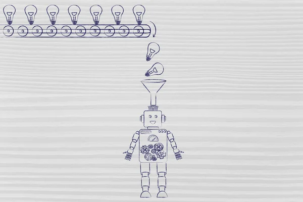 带漏斗收集想法和知识的机器人 — 图库照片