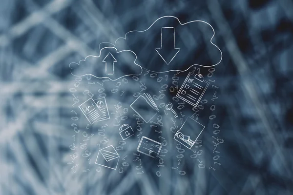 Computación en nube con transferencias de documentos y lluvia de código binario — Foto de Stock