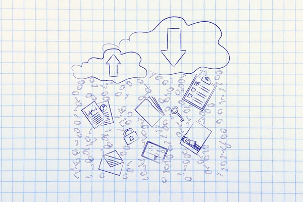 Cloud computing με έγγραφο μεταβιβάσεις και βροχή από δυαδικό κώδικα — Φωτογραφία Αρχείου