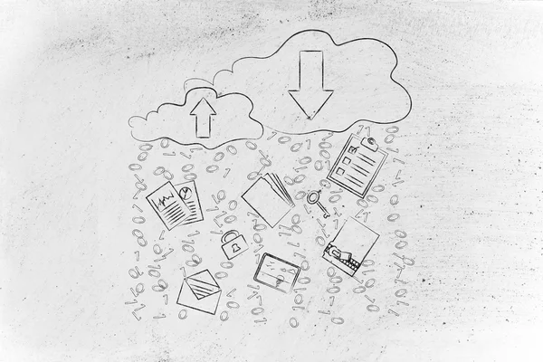 Cloud Computing mit Dokumententransfers und Binärcode-Regen — Stockfoto