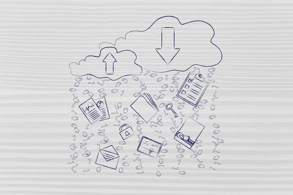 Computación en nube con transferencias de documentos y lluvia de código binario — Foto de Stock