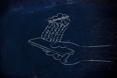 kilit ve ikili kod yağmurla cep üzerinde bulut