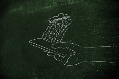 kilit ve ikili kod yağmurla cep üzerinde bulut