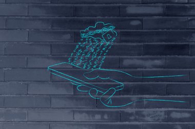 kilit ve ikili kod yağmurla cep üzerinde bulut