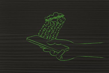 kilit ve ikili kod yağmurla cep üzerinde bulut