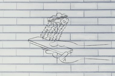 kilit ve ikili kod yağmurla cep üzerinde bulut