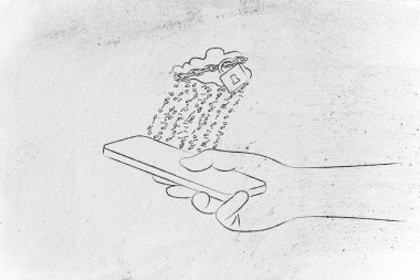 kilit ve ikili kod yağmurla cep üzerinde bulut