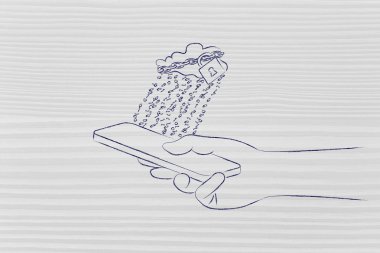 kilit ve ikili kod yağmurla cep üzerinde bulut