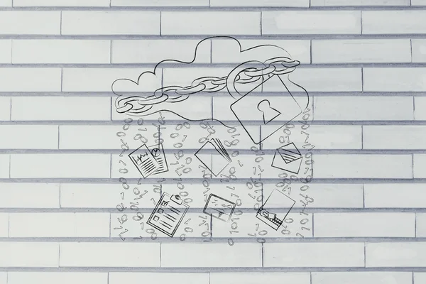 Kilit, belge transferler ve yağmur ikili kod ile bulut — Stok fotoğraf