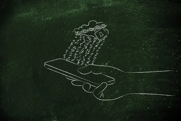 kilit ve ikili kod yağmurla cep üzerinde bulut