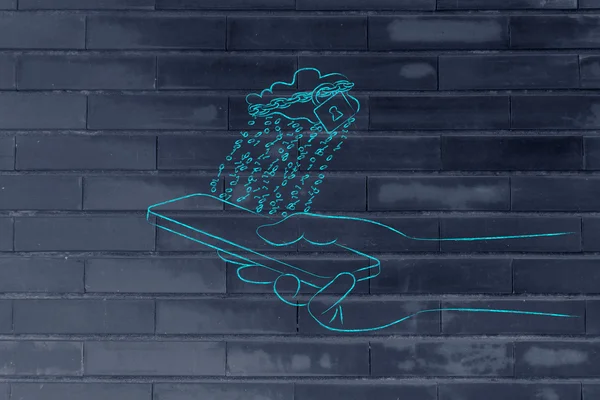 kilit ve ikili kod yağmurla cep üzerinde bulut