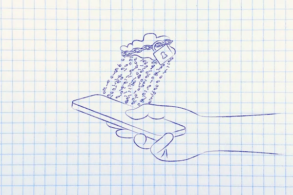 kilit ve ikili kod yağmurla cep üzerinde bulut