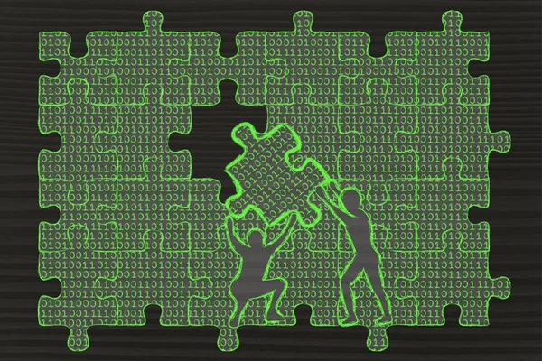 Férfiak emelő darab puzzle bináris kóddal joghézagok kitöltése — Stock Fotó