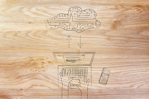 Portátil que transfiere datos a una nube de circuitos electrónicos — Foto de Stock
