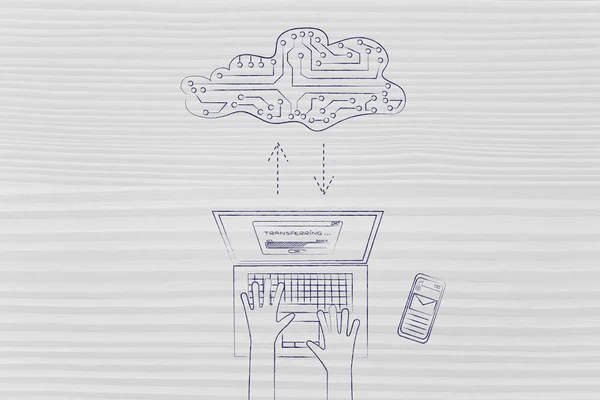 将数据传输到电子线路云的笔记本电脑 — 图库照片