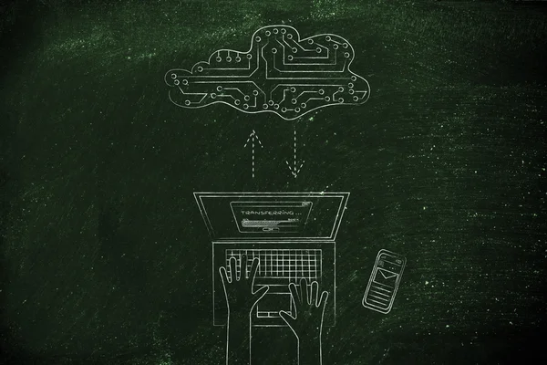 Portátil que transfiere datos a una nube de circuitos electrónicos — Foto de Stock