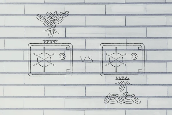 Monedas cayeron dentro y fuera de caja fuerte, ahorrando o gastando — Foto de Stock