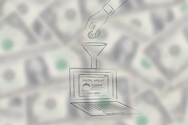Χέρι ρίψη νομισμάτων στο ψηφιακό πορτοφόλι του φορητού υπολογιστή — Φωτογραφία Αρχείου
