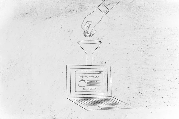 Mão soltando moeda na carteira digital do laptop — Fotografia de Stock