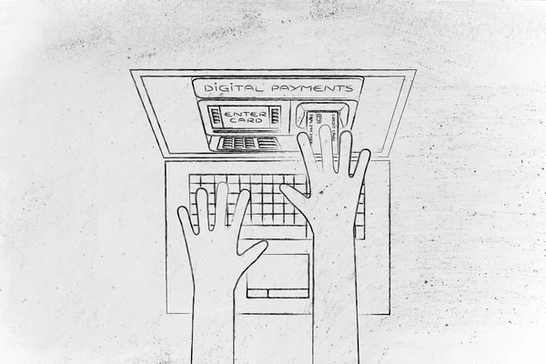 Atm 카드를 삽입 하는 손으로 노트북 화면 안에 — 스톡 사진