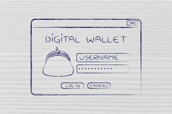 Billetera digital emergente con monedero e inicio de sesión — Foto de Stock