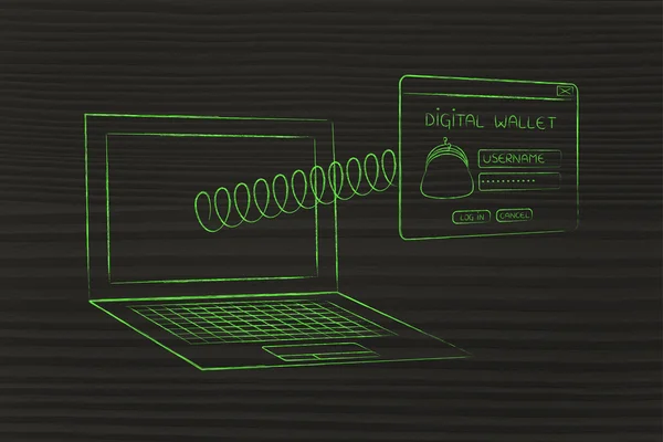 数字钱包弹出与春天从笔记本电脑 — 图库照片