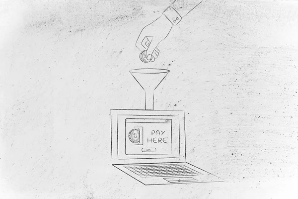 Mão soltando moeda em laptop através de um funil — Fotografia de Stock