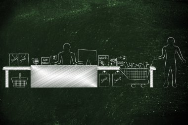 ürünlerle dolu alışveriş sepeti ile kasiyer ve müşteri