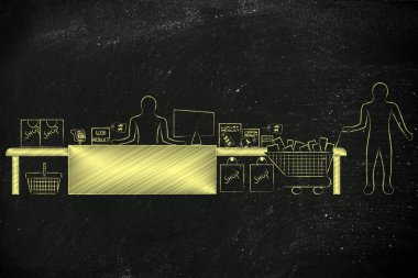 ürünlerle dolu alışveriş sepeti ile kasiyer ve müşteri