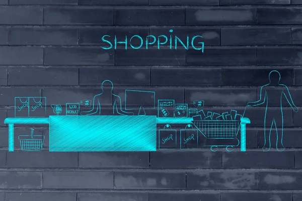 Kassier en klant met winkelwagentje, ondertitelings Shopping — Stockfoto
