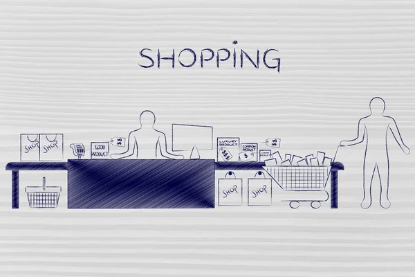 Kassier en klant met winkelwagentje, ondertitelings Shopping — Stockfoto