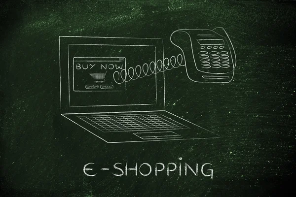 Laptop com terminal pos engraçado fora da tela, e-shopping — Fotografia de Stock