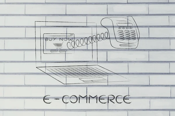 Ноутбук с забавным терминалом вне экрана, e-commerce — стоковое фото