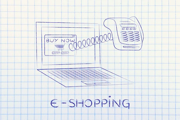 Laptop met grappige POS-terminal uit het scherm, e-shopping — Stockfoto