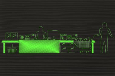 ürünlerle dolu alışveriş sepeti ile kasiyer ve müşteri