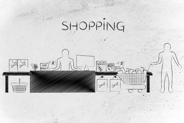ショッピングカート、キャプションショッピングを持つレジ係と顧客 — ストック写真