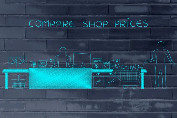 Концепция сравнения цен магазинов — стоковое фото