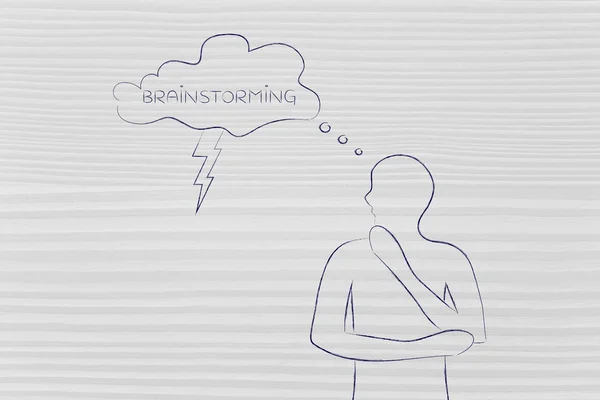 "brainstorming" άνθρωπος με κεραυνό από σκέψη φούσκα — Φωτογραφία Αρχείου