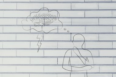 fırtınalı beyin düşünce balonu ile adam, beyin fırtınası kavramı