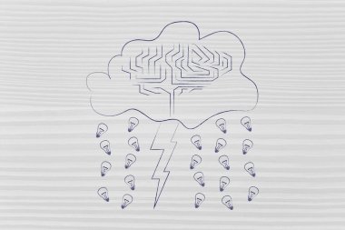 beyin, cıvata ve fikirlerin yağmur ile fırtınalı bulut
