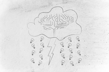 beyin, cıvata ve fikirlerin yağmur ile fırtınalı bulut