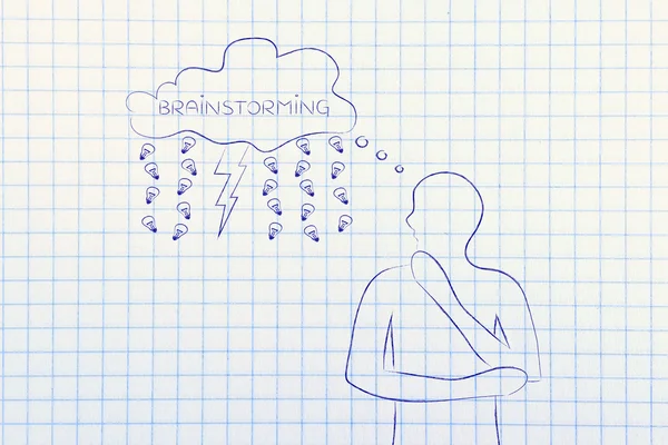 稲妻と雨と思ったのバブルのアイデアの男 — ストック写真
