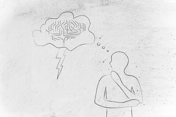 Hombre con la burbuja de pensamiento del cerebro tormentoso, concepto de lluvia de ideas — Foto de Stock