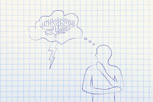 Homem com bolha de pensamento do cérebro tempestuoso, conceito de brainstorming — Fotografia de Stock