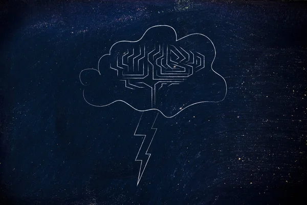 Грозовое облако с мозгом и болтом, концепция мозгового штурма — стоковое фото