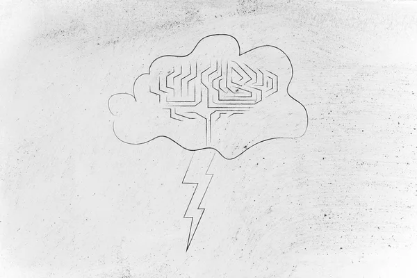 stormy cloud with brain and bolt, concept of brainstorming